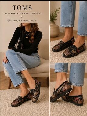 Toms Black and Gold Alpergata Floral Loafers